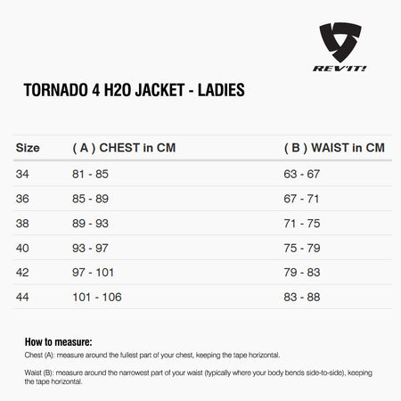 Size chart for REVIT Tornado 4 H2O Jacket - Ladies