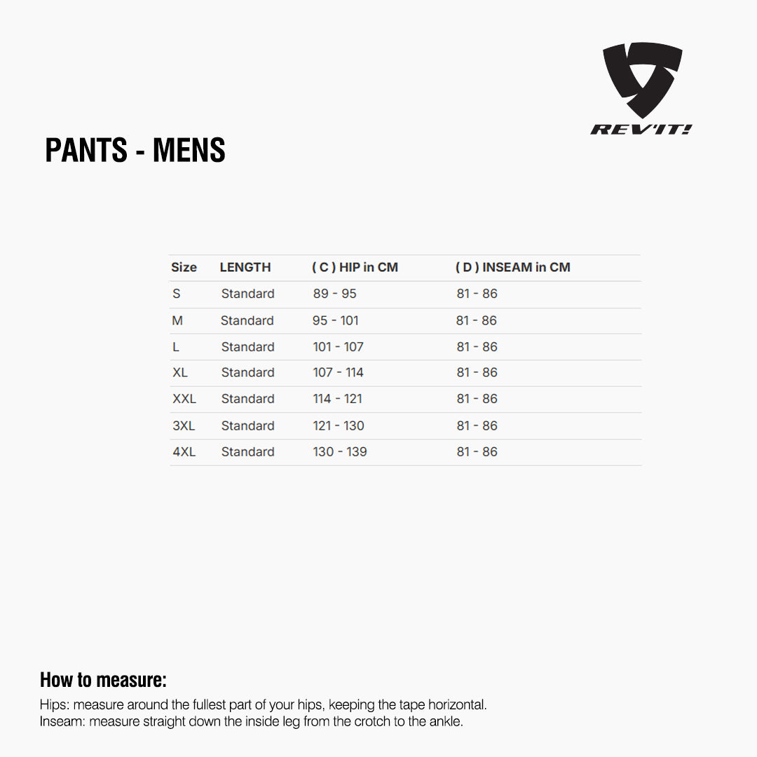 Size chart for REVIT Pants - Mens