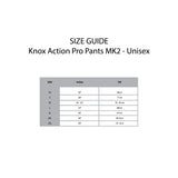 KNOX Size Chart Action Pro Pants - Unisex