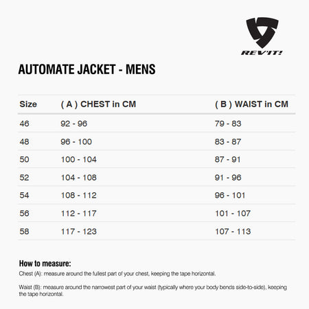 Size chart for REVIT Automate Jacket - Mens