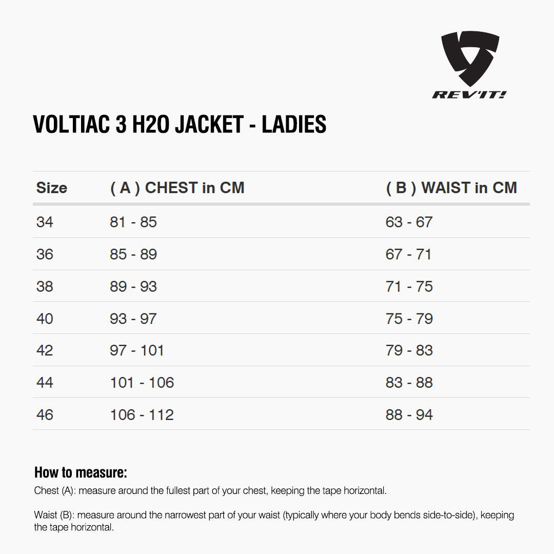 Size chart for REVIT Voltiac 3 H2O Jacket - Ladies