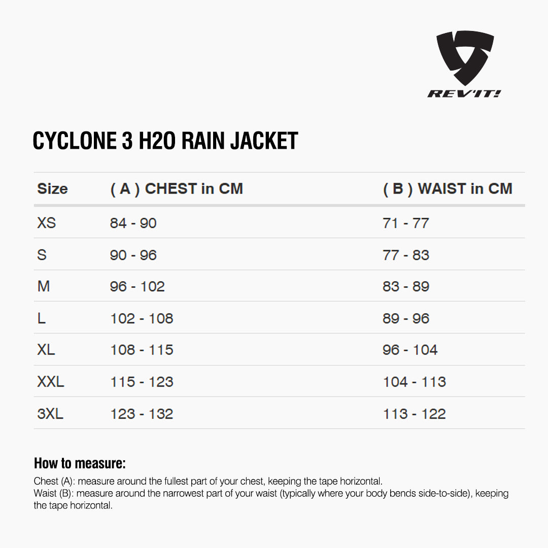 Size chart for REVIT Cyclone 3 H2O Rain Jacket