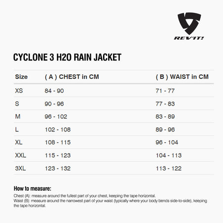Size chart for REVIT Cyclone 3 H2O Rain Jacket