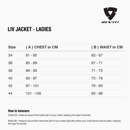 Size chart for REVIT Liv Jacket - Ladies