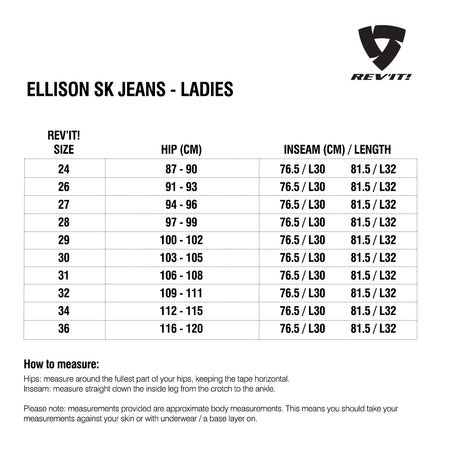 Size chart for REVIT Ellison SK Ladies Jeans