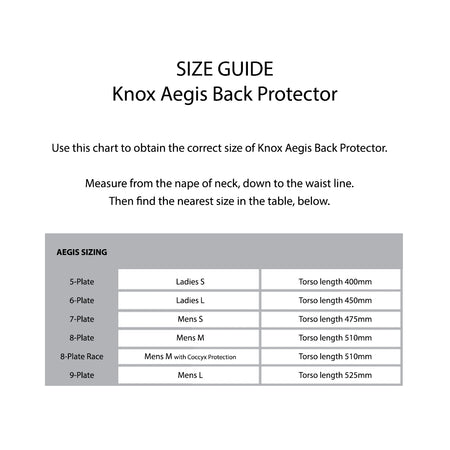 KNOX Size Chart - Aegis Back Protectors