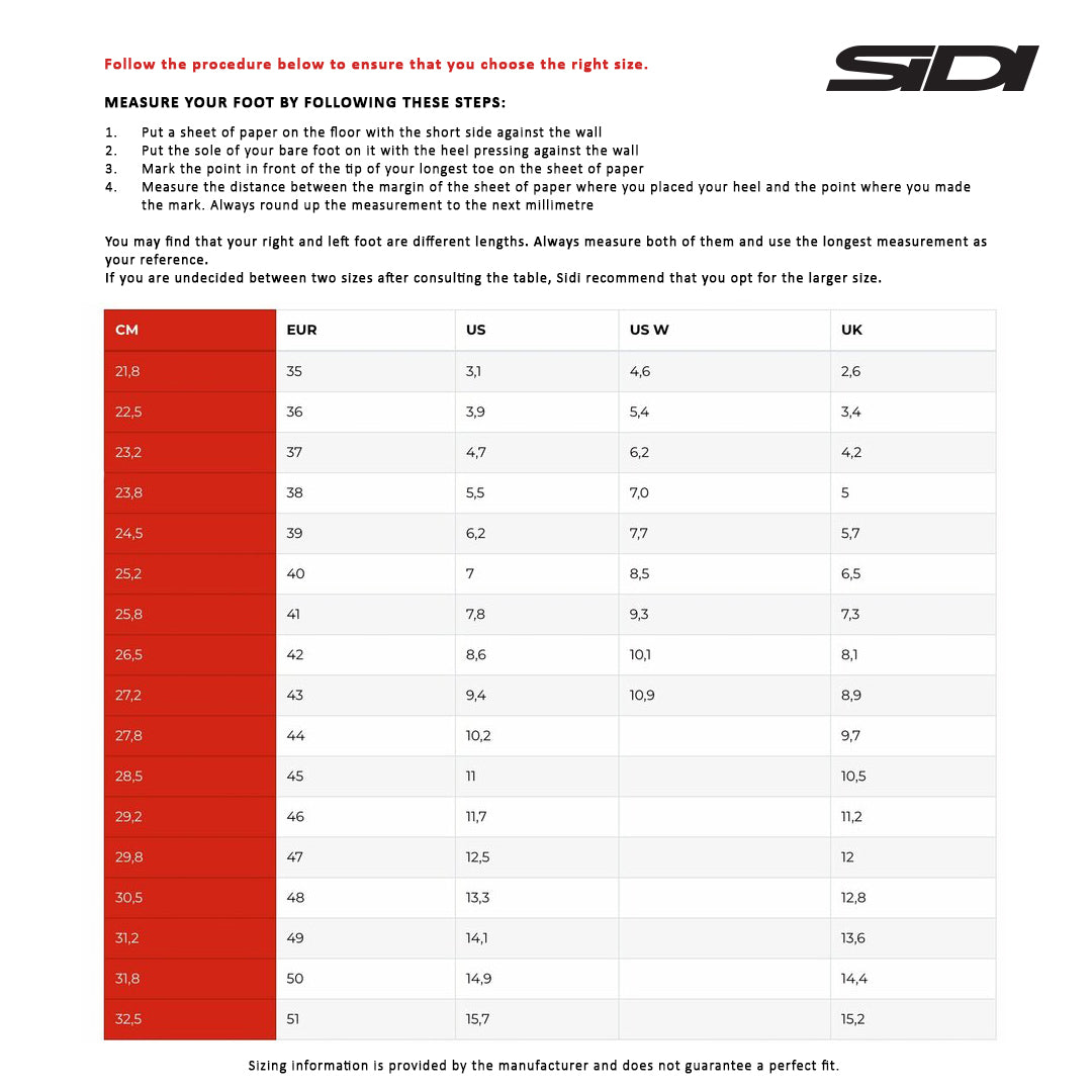 SIDI Motorcycle Boot - size chart
