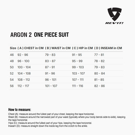 Size chart for REVIT Argon 2 One Piece Suit