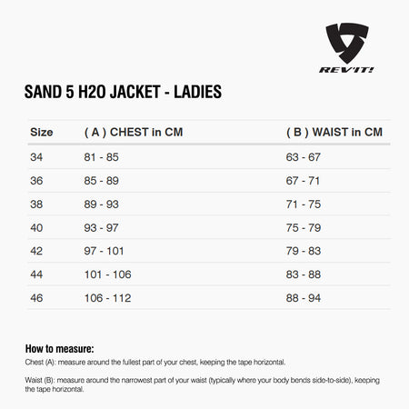 Size chart for REVIT Sand 5 H2O Jacket - Ladies