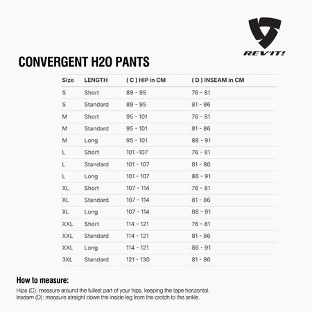 Size chart for REVIT Convergent H2O Pants