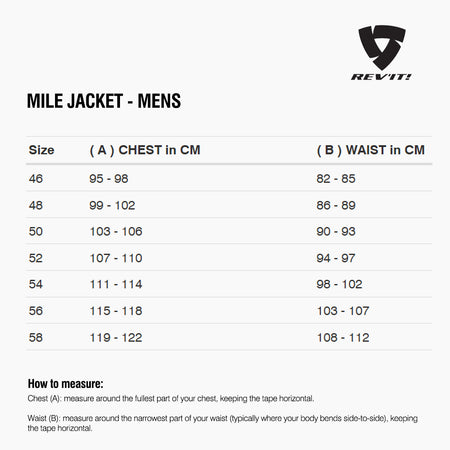 Size chart for REVIT Mile Jacket - Mens