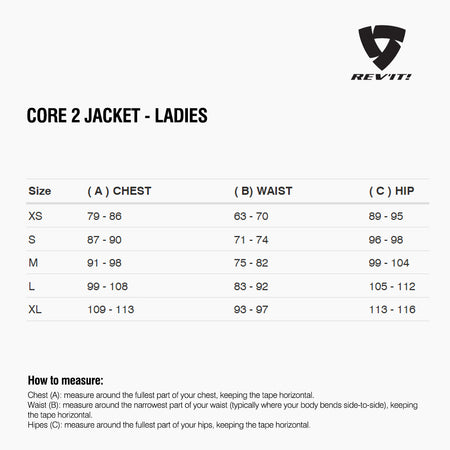 Size chart for REVIT Core 2 - Ladies