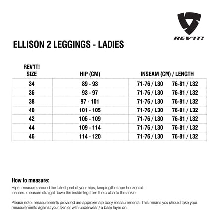 Size chart REVIT Ellison 2 Ladies Leggings