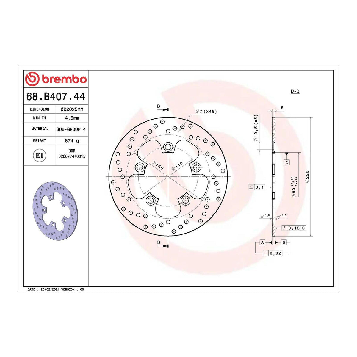 Brembo Prime Serie Oro Rear Brake Disc 68B40744