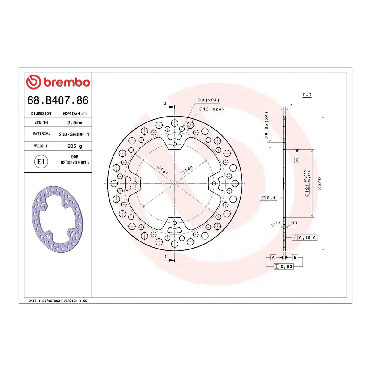 Brembo Prime Serie Oro Rear Brake Disc 68B40786