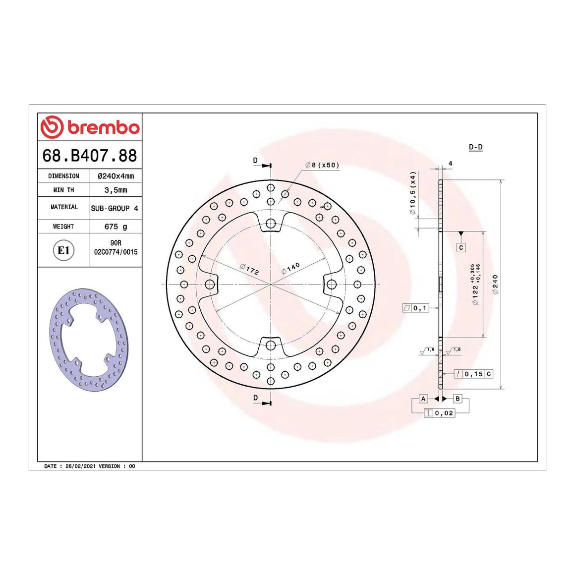 Brembo Prime Serie Oro Rear Brake Disc 68B40788