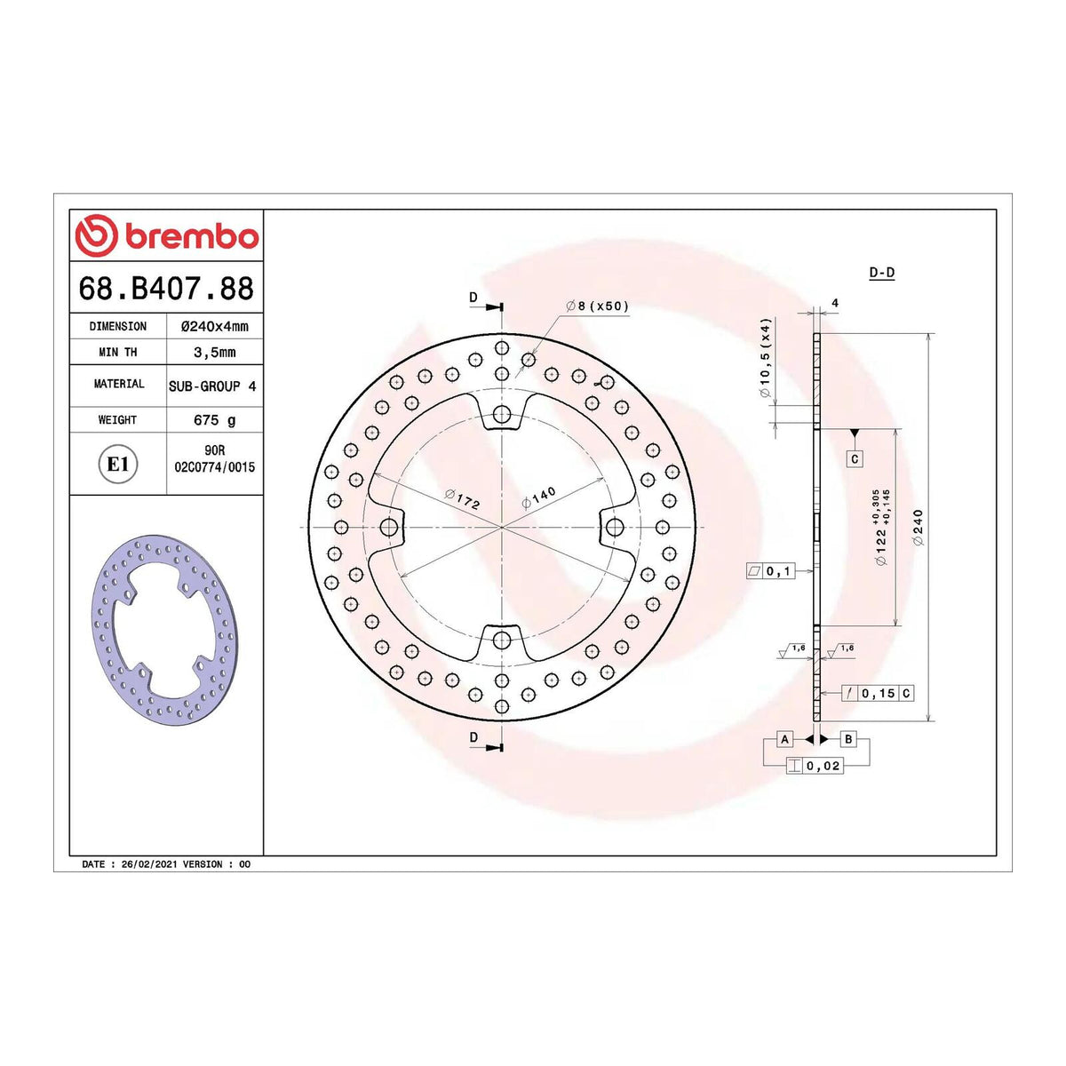 Brembo Prime Serie Oro Rear Brake Disc 68B40788