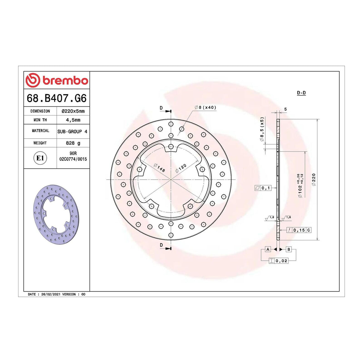 Brembo Prime Serie Oro Rear Brake Disc 68B407G6