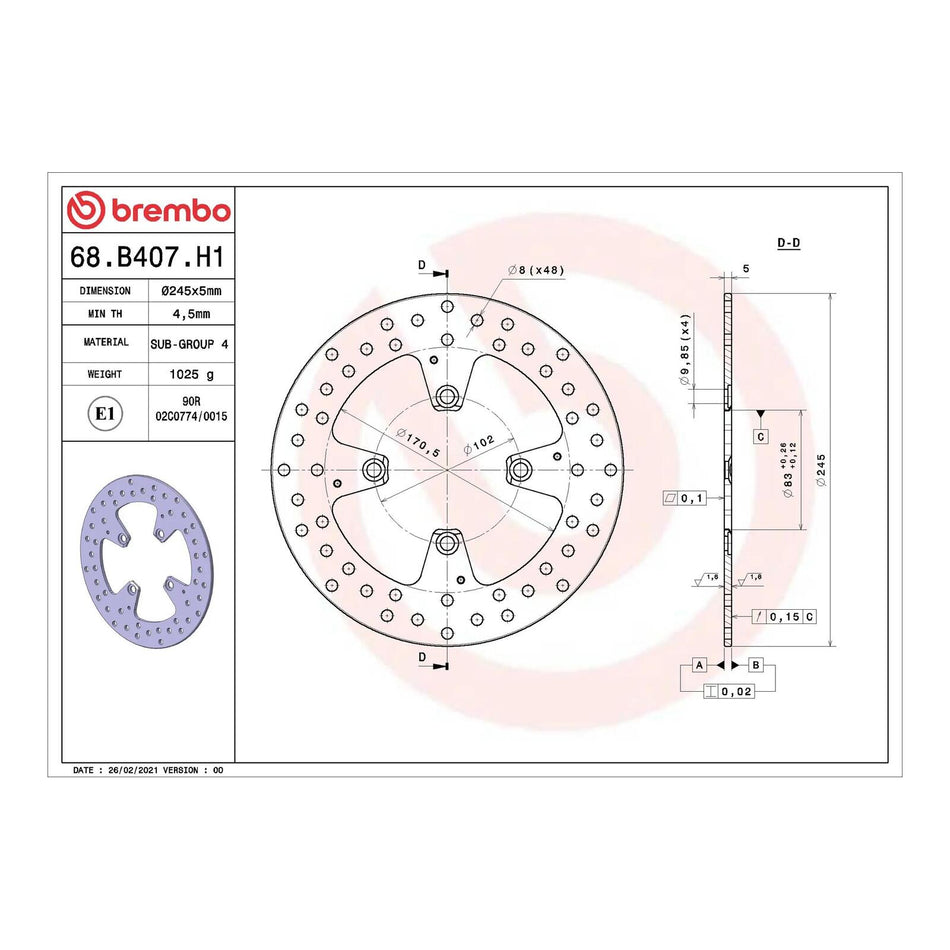 Brembo Prime Serie Oro Rear Brake Disc 68B407H1