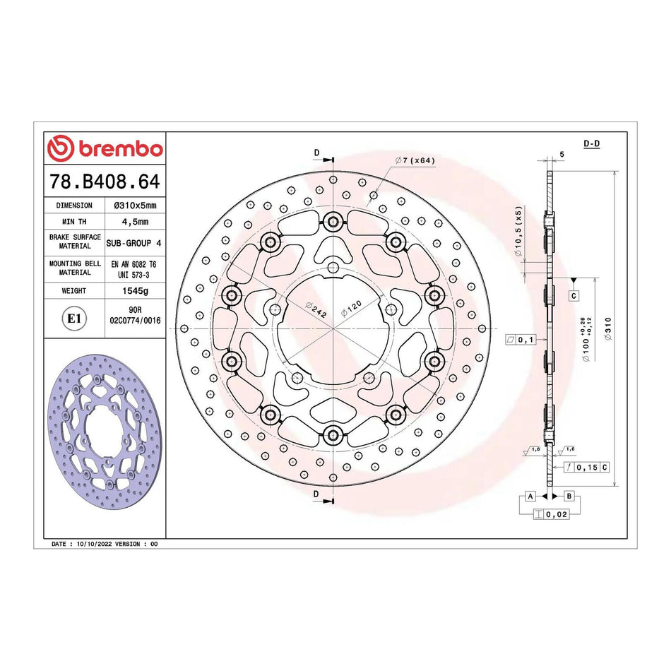 Brembo Prime Serie Oro Front Brake Disc 78B40864
