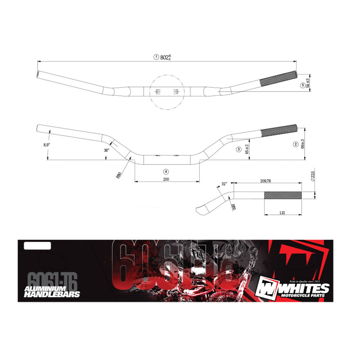 Whites Handlebars Alloy 6061 Taper 1-1/8 (28.6mm) CRF/KXF Silver