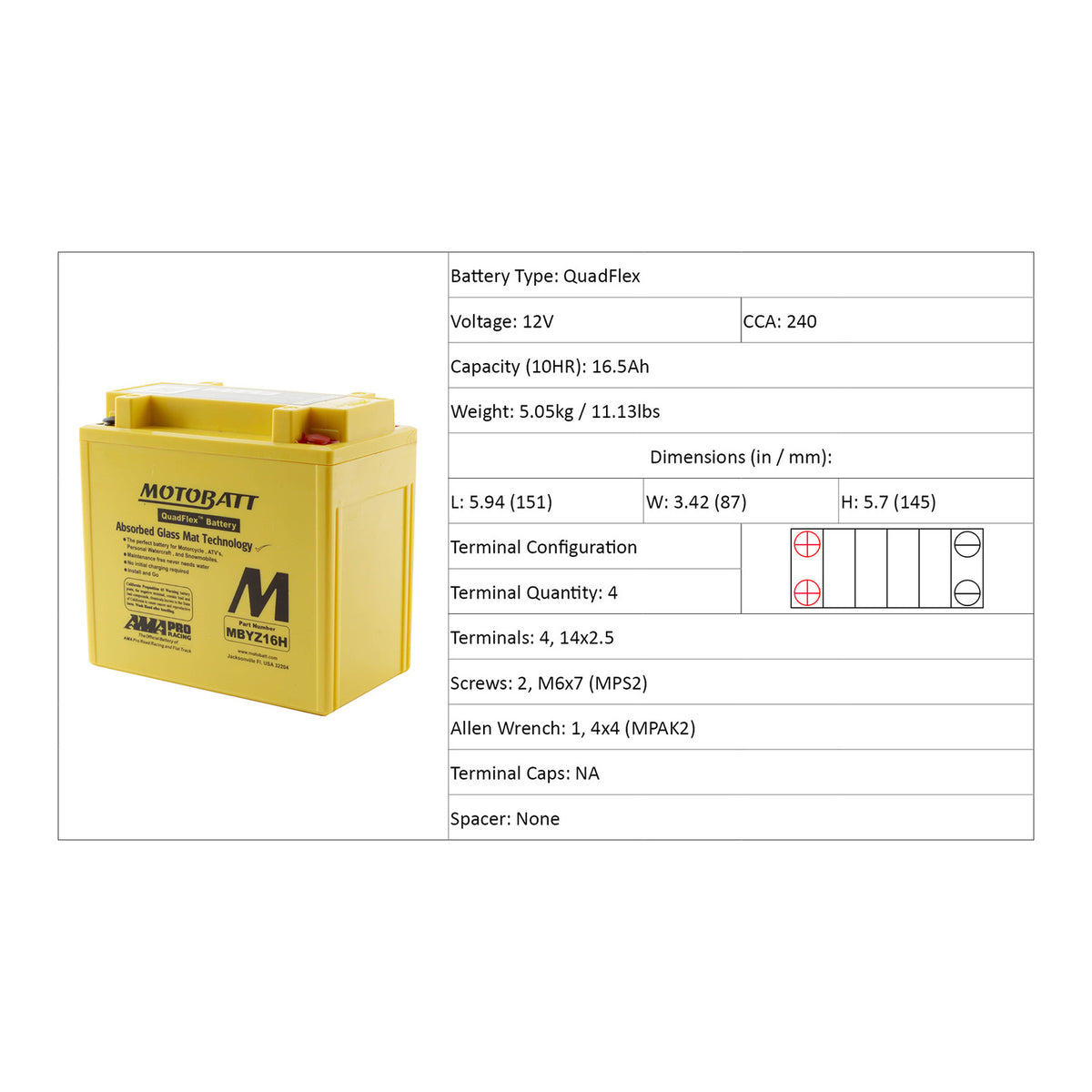 Motobatt Battery Quadflex AGM - MBYZ16-H