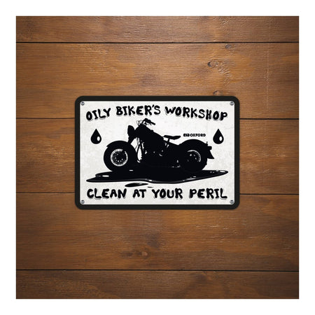 Oxford Garage Metal Sign: Oily Biker's Workshop
