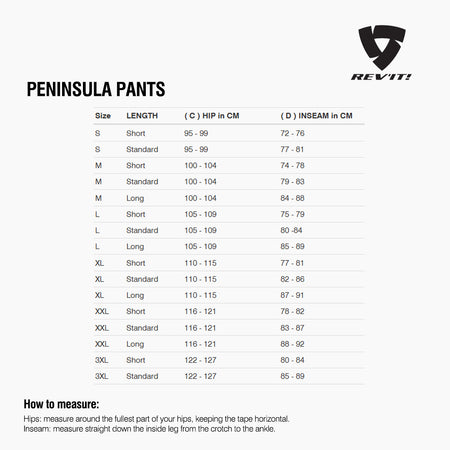 Size chart for REVIT Peninsula Pants