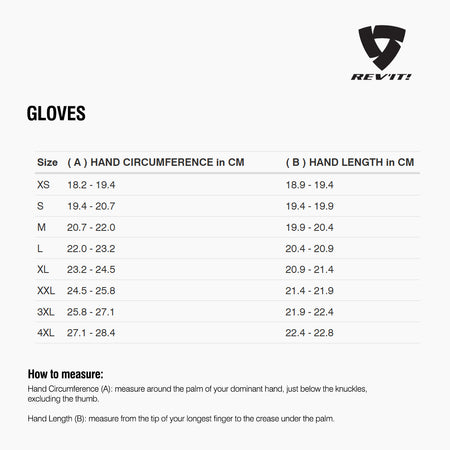 Size chart for REVIT Gloves - Mens