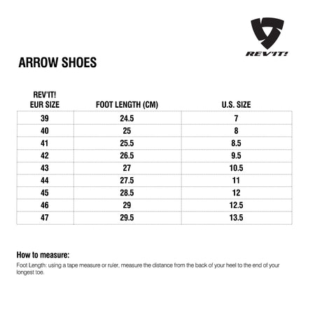 Size chart for REVIT Arrow Shoes