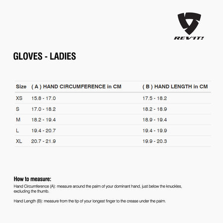Size chart for REVIT Gloves - Ladies