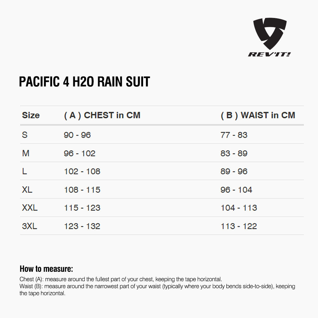 Size chart for REVIT Pacific 4 H2O Rainsuit
