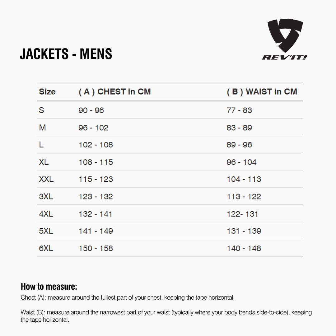 Size chart for REVIT Jackets - Mens