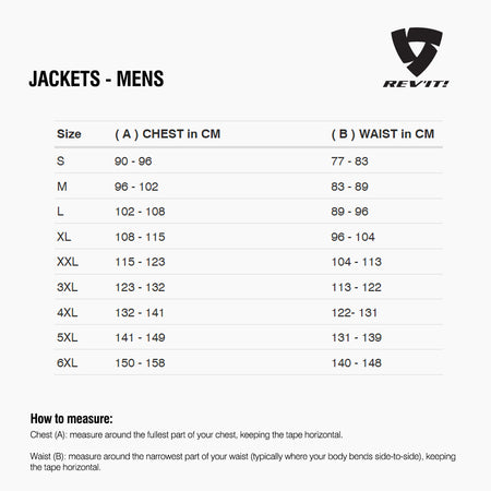 Size chart for REVIT Jackets - Mens