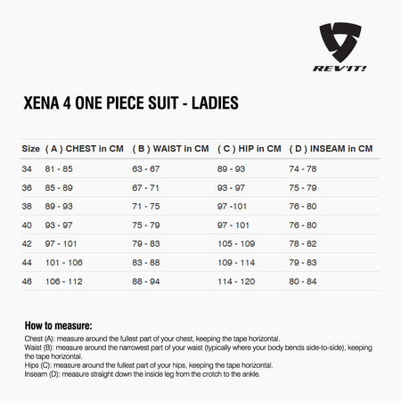 Size chart for REVIT Xena 4 RaceSuit - Ladies
