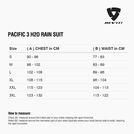Size chart for REVIT Pacific 3 H2O Rainsuit