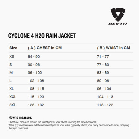 Size chart for REVIT Cyclone 4 H2O Rain Jacket
