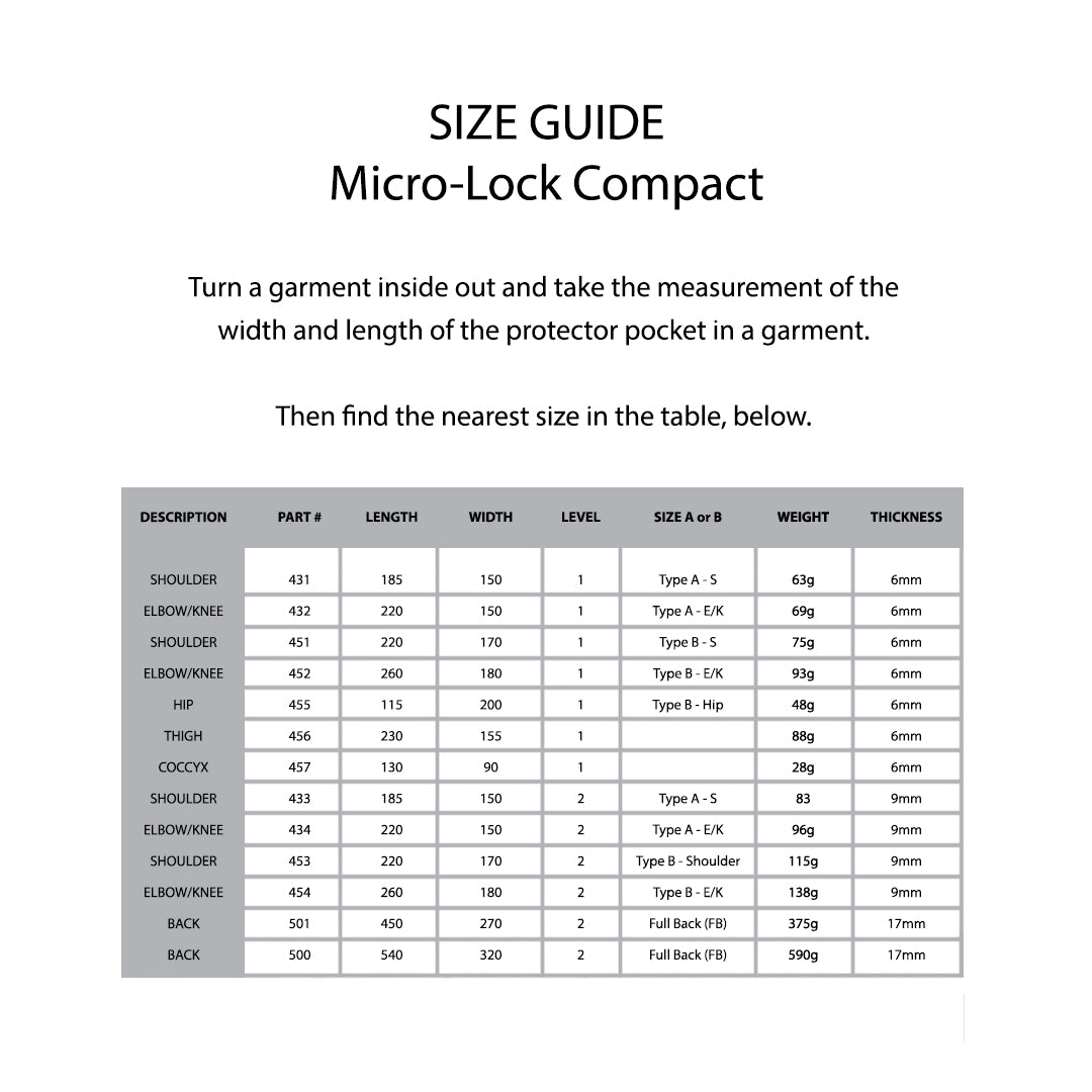KNOX Size Chart - MicroLock Compact