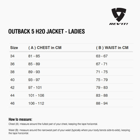 Size chart for REVIT Outback 5 H2O Jacket - Ladies